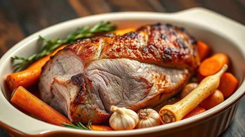 Photorealistic image of a beautifully roasted veal loin resting in a ceramic baking dish, surrounded by golden-brown roasted root vegetables (carrots, parsnips, celery root) and whole garlic cloves, with fresh rosemary and thyme sprigs. Cinematic lighting, sharp focus on the food, depth of field blurring the background, 8K hyper-detailed, professional food photography.