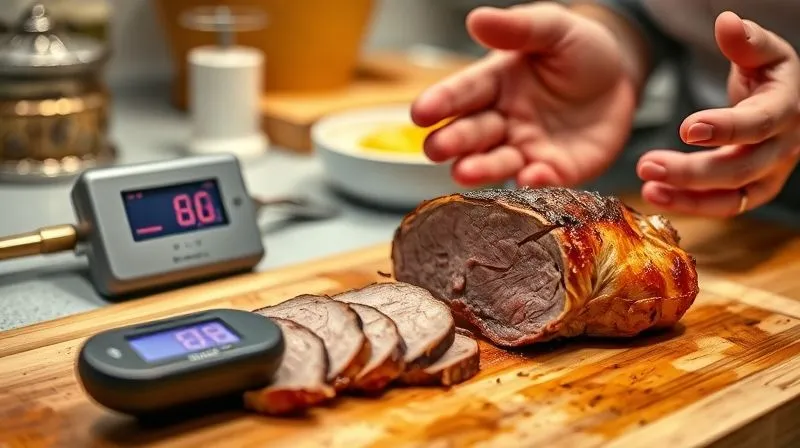 Photorealistic image of a kitchen counter with a partially sliced, slightly dry-looking roasted veal loin on a cutting board, next to a digital meat thermometer showing an overcooked temperature. A frustrated expression on a person's hands (out of frame) suggests a common cooking mistake. Cinematic lighting, sharp focus on the meat and thermometer, depth of field blurring the background, 8K hyper-detailed, professional photography.