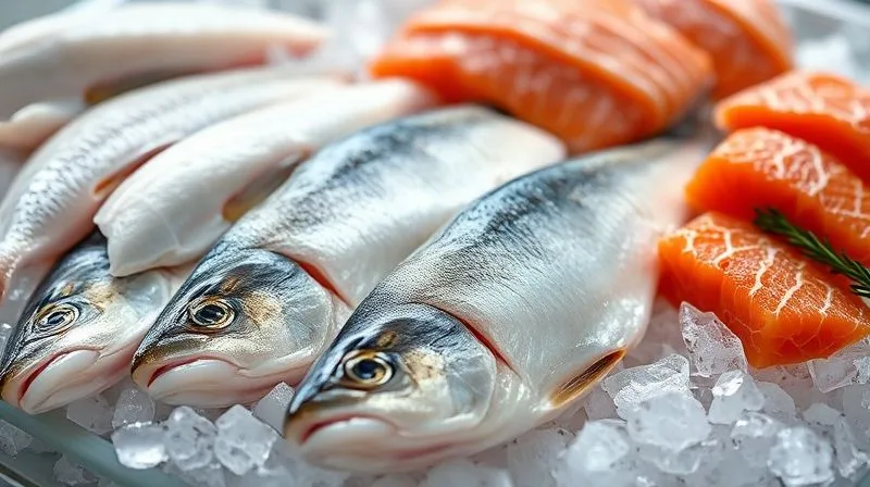 Photorealistic, professional photography of a selection of fresh, raw fish fillets on a bed of crushed ice in a high-end fish market display. Focus on lean white fish like cod, tilapia, and sole, glistening under soft, natural light, alongside a smaller, perfectly portioned fillet of salmon. Cinematic lighting, sharp focus on the fish textures, depth of field blurring the background. 8K hyper-detailed, vibrant colors, emphasizing freshness and quality.