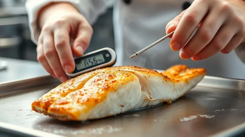 Photorealistic, professional photography of a chef's hands carefully inserting a sleek digital thermometer into a perfectly baked white fish fillet, steam gently rising from the flaky, golden-brown surface, in a modern, well-lit kitchen setting. Cinematic lighting highlights the delicate texture of the fish, with sharp focus on the thermometer and the cooked fillet, depth of field subtly blurring the background. 8K hyper-detailed, emphasizing precision, expertise, and the delicious outcome.