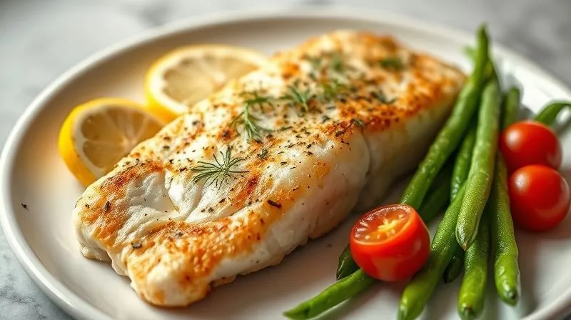 Photorealistic, professional photography of a perfectly baked, flaky cod fillet seasoned with fresh dill and lemon slices, beautifully presented on a minimalist white ceramic plate. A side of vibrant, perfectly steamed green beans and cherry tomatoes adds a pop of color. The dish is arranged in a clean, appetizing style with soft, natural light, emphasizing freshness, health, and gourmet quality. Sharp focus on the fish, with a shallow depth of field blurring the background. Shot on a high-end DSLR, 8K hyper-detailed, appealing and delicious.
