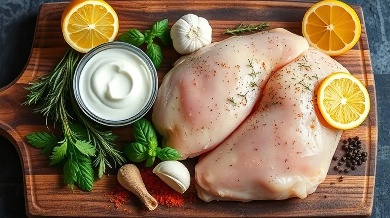 Photorealistic, professional photography, 8K, cinematic lighting, sharp focus, depth of field, shot on a high-end DSLR. A vibrant, colorful array of fresh ingredients for a healthy chicken marinade laid out on a rustic wooden board: Greek yogurt, lemon halves, fresh herbs like thyme and rosemary, garlic cloves, ground paprika, black pepper, and a hint of ginger. The textures are rich and inviting, emphasizing natural flavors and health.