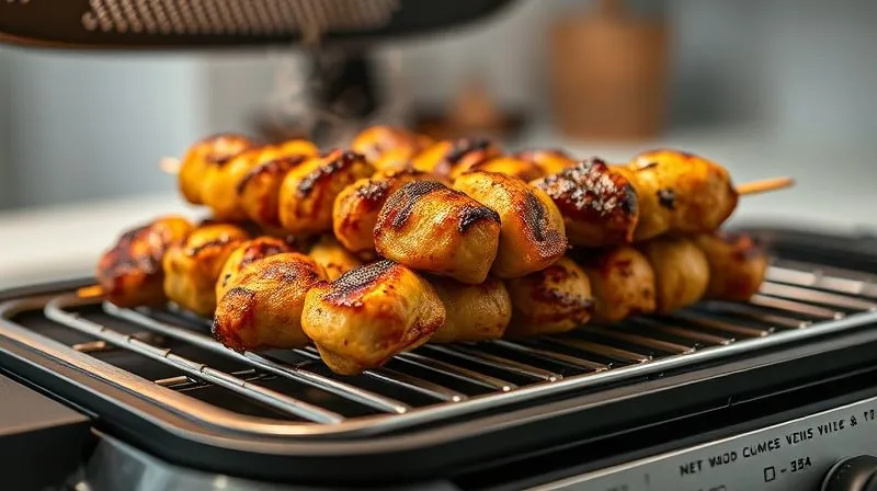 Photorealistic, professional photography, 8K, cinematic lighting, sharp focus, depth of field, shot on a high-end DSLR. A modern electric indoor grill with perfectly seared chicken skewers, showing beautiful grill marks. Steam is rising, indicating freshness and juiciness. The background is a clean, minimalist kitchen setting.
