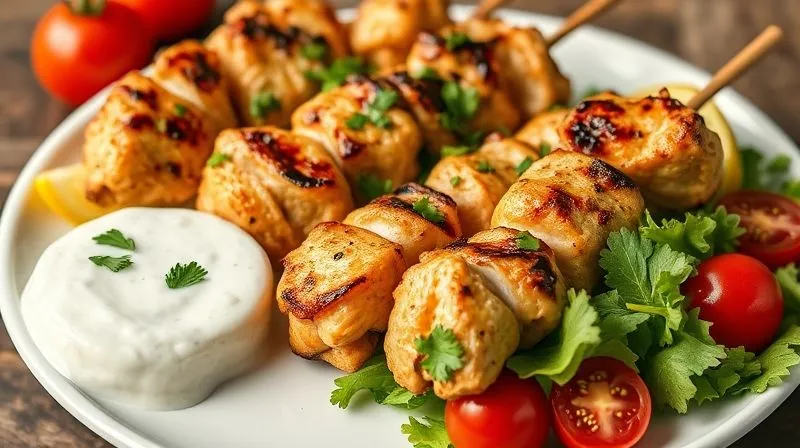 Photorealistic, professional photography, 8K, cinematic lighting, sharp focus, depth of field, shot on a high-end DSLR. A beautifully arranged plate of juicy chicken skewers, garnished with fresh chopped parsley and a vibrant, healthy Greek yogurt-cucumber sauce on the side. A fresh green salad with cherry tomatoes and a lemon wedge completes the dish, emphasizing health and deliciousness.