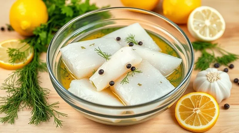 A vibrant photorealistic image of fresh cod fillets being marinated in a clear glass bowl. Ingredients like lemon slices, fresh dill, garlic cloves, and black peppercorns are visible around and on the fish. The scene is set on a light wooden kitchen counter, with soft, natural lighting, sharp focus on the ingredients, and a shallow depth of field. 8K hyper-detailed, professional photography, shot on a high-end DSLR.