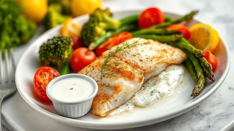 A vibrant and healthy photorealistic meal, featuring a perfectly baked cod fillet centered on a white plate, surrounded by an array of colorful, roasted seasonal vegetables like broccoli florets, cherry tomatoes, and green asparagus. A small ramekin of a light, creamy herb-yogurt sauce is placed beside the fish. The dish is beautifully garnished with fresh dill and a lemon wedge. Cinematic lighting, sharp focus on the meal, depth of field blurring a clean, bright kitchen background. 8K hyper-detailed, professional food photography, shot on a high-end DSLR.