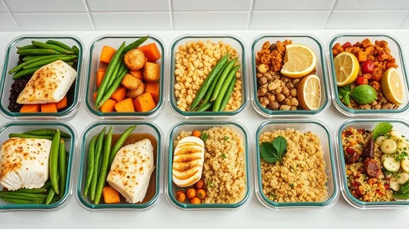 A highly organized and appetizing photorealistic image of meal prep containers lined up on a kitchen counter. Each container holds a portion of perfectly baked cod, accompanied by different colorful, healthy sides like steamed green beans, roasted sweet potatoes, quinoa, and a fresh salad mix. The containers are clear, showcasing the vibrant ingredients. The scene is bright and clean, with soft, diffused lighting. 8K hyper-detailed, professional food photography, shot on a high-end DSLR.