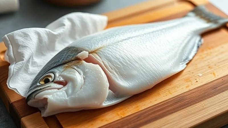 A close-up, photorealistic professional photography shot of a fresh cod fillet being gently patted dry with a paper towel on a clean wooden cutting board. The fillet is pristine, with a pearlescent sheen. Cinematic lighting, sharp focus on the fish and towel, depth of field blurring the background, 8K hyper-detailed.