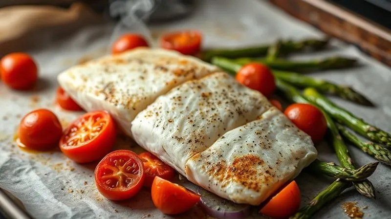 A professional photography shot of a perfectly baked cod fillet, just removed from the oven, resting on a bed of roasted cherry tomatoes, red onion, and fresh asparagus, all cooked together on parchment paper on a baking sheet. Steam gently rises from the dish, highlighting its freshness. Cinematic lighting, sharp focus on the fish and vegetables, depth of field blurring the background, 8K hyper-detailed.