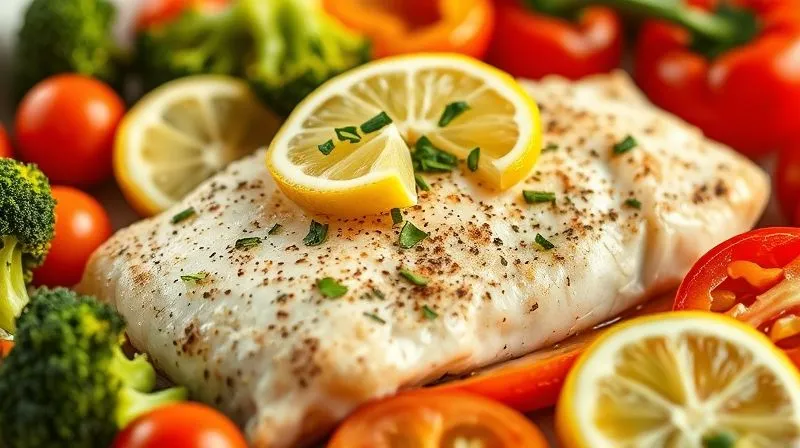 A vibrant, photorealistic professional photography image of a perfectly baked cod fillet, garnished with fresh lemon wedges and a sprinkle of chopped parsley, surrounded by colorful steamed vegetables like broccoli, bell peppers, and cherry tomatoes. The scene is bright and fresh, evoking healthy Mediterranean cuisine. Cinematic lighting, sharp focus on the food, depth of field blurring the background, 8K hyper-detailed.