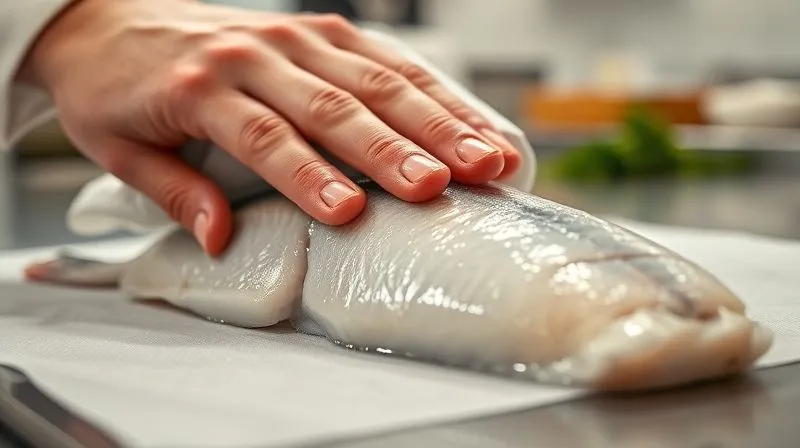 A close-up, photorealistic image of a fresh, raw cod fillet, glistening and firm, being gently patted dry with a paper towel by a chef's hand. The background shows a clean, professional kitchen counter. Cinematic lighting, sharp focus on the fish, depth of field, 8K hyper-detailed.