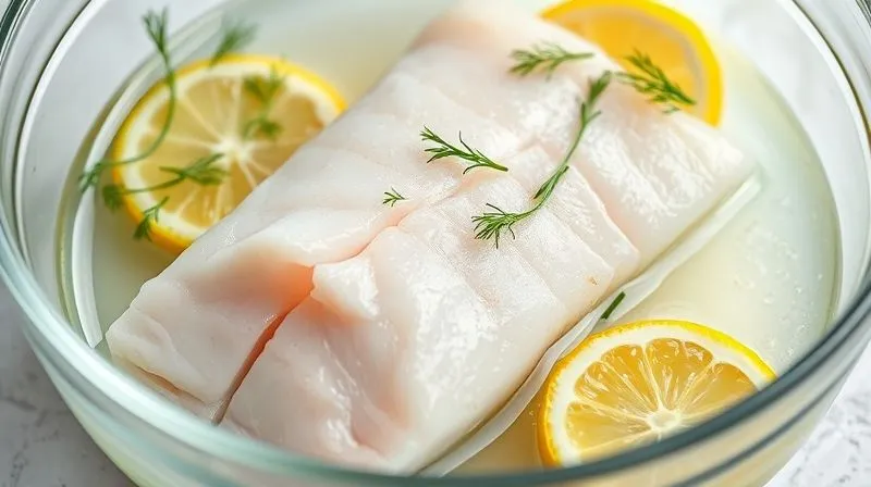 A close-up, photorealistic image of a raw cod fillet marinating in a clear glass bowl with lemon slices, fresh dill, and a light liquid. The marinating process is highlighted with soft, natural light, sharp focus on the fish, depth of field, 8K hyper-detailed.