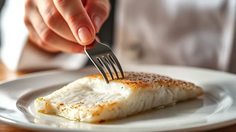 A close-up, photorealistic image of a chef's hand gently flaking a perfectly baked, white cod fillet with a fork to check for doneness. Steam is subtly rising from the fish. Cinematic lighting, sharp focus on the fish, depth of field, 8K hyper-detailed.