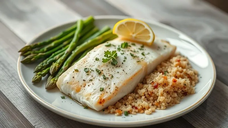 A professional, photorealistic image of a beautifully plated, healthy meal featuring a baked cod fillet, garnished with fresh herbs and a lemon wedge, alongside steamed asparagus and quinoa. The dish is presented on a minimalist table with soft, natural light, sharp focus, depth of field, 8K hyper-detailed.