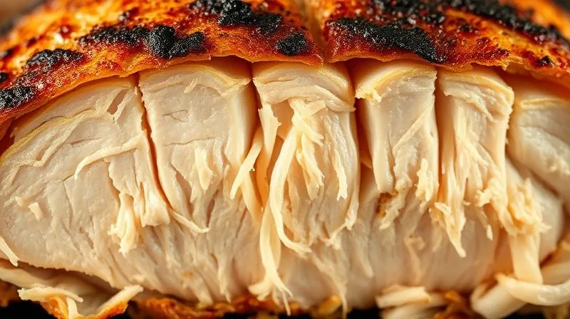 A close-up, photorealistic image of a cross-section of an overcooked, dry chicken breast, showing stringy, pale fibers and a lack of moisture. The texture looks unappetizing. Cinematic lighting, sharp focus, depth of field, 8K hyper-detailed, shot on a high-end DSLR.