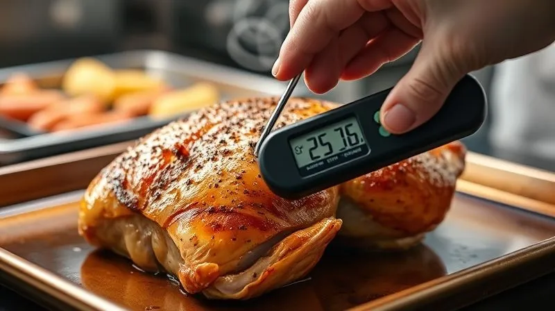 A photorealistic image of a chef's hand inserting a digital meat thermometer into a perfectly golden-brown, roasted chicken breast on a baking sheet, steam gently rising. The focus is sharp on the thermometer and chicken, with a blurred, professional kitchen background. Cinematic lighting, 8K hyper-detailed, shot on a high-end DSLR.