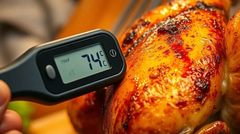 A close-up, photorealistic image of a digital meat thermometer accurately inserted into the thickest part of a golden-brown roasted chicken breast, displaying a temperature of 74°C. The background is blurred, showing a warm kitchen setting. Cinematic lighting, 8K, high-end DSLR.