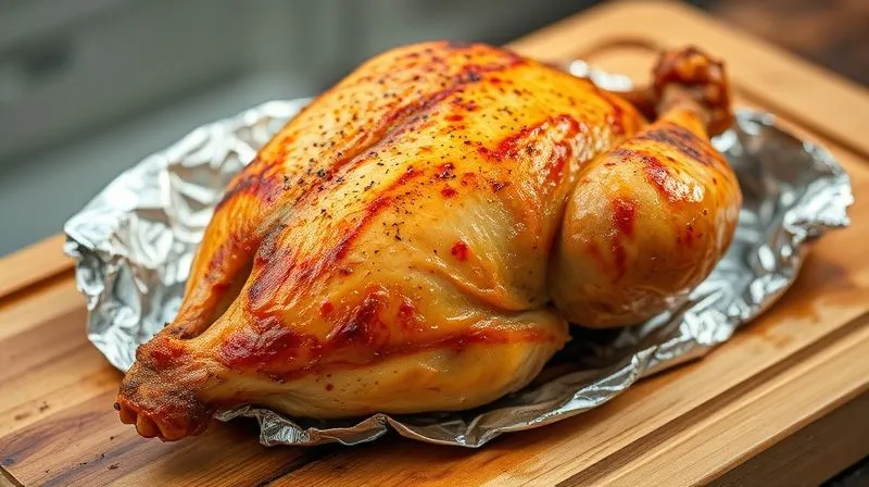 A close-up, photorealistic image of a perfectly roasted, golden-brown chicken breast resting on a wooden cutting board, loosely covered with aluminum foil, with steam gently escaping. The background is softly blurred, emphasizing the resting process. Cinematic lighting, 8K, high-end DSLR.