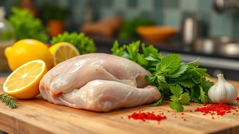 A professional, photorealistic image of a meticulously organized kitchen counter with fresh, vibrant ingredients for a chicken marinade (lemon, fresh herbs, garlic, spices) laid out next to a high-quality raw chicken breast. The scene is well-lit with cinematic lighting, sharp focus on the ingredients, and a blurred background of a modern kitchen. 8K, high-end DSLR.
