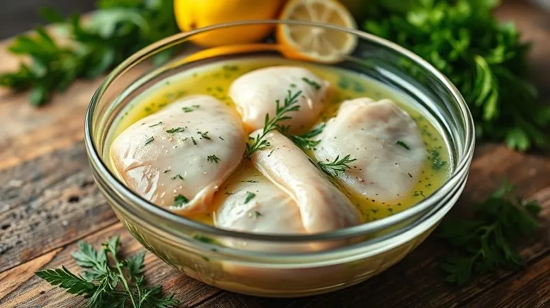 Photorealistic close-up of raw chicken breasts marinating in a vibrant, herb-filled yogurt marinade in a clear glass bowl, with fresh lemons and herbs scattered around on a rustic kitchen counter. Cinematic lighting, sharp focus on the chicken and marinade, depth of field blurring the background. Shot on a high-end DSLR, 8K hyper-detailed.