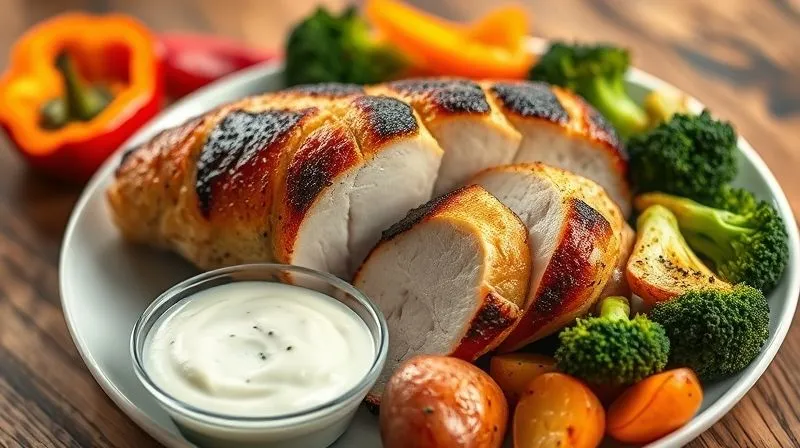 Photorealistic image of a perfectly roasted chicken breast, perfectly sliced, served on a plate with vibrant, colorful roasted vegetables (broccoli, bell peppers, sweet potatoes) and a small bowl of a fresh herb-yogurt dipping sauce. The meal is beautifully arranged, suggesting health and deliciousness. Cinematic lighting, sharp focus on the food, depth of field blurring the background. Shot on a high-end DSLR, 8K hyper-detailed.