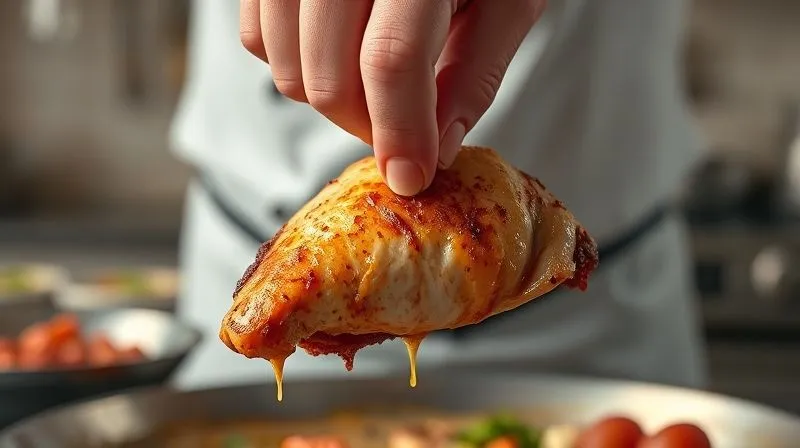 Photorealistic image of a chef's hand gently squeezing a piece of overcooked, dry chicken breast, with no juices flowing, illustrating the problem of dry meat. The background is a blurred kitchen setting. Cinematic lighting, sharp focus on the chicken, conveying a sense of disappointment. Shot on a high-end DSLR, 8K hyper-detailed.