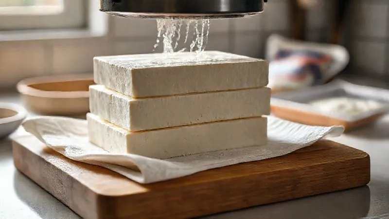 photorealistic, professional photography, 8K, cinematic lighting, sharp focus, depth of field, shot on a high-end DSLR, a stack of extra-firm tofu blocks being pressed under weights on a wooden cutting board, with visible water being squeezed out onto paper towels, an empty tofu package in the background, clean and minimalist kitchen setting, natural light