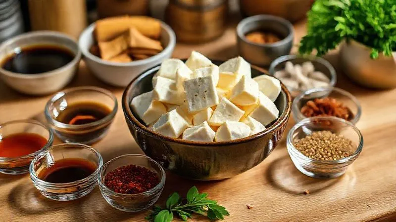 photorealistic, professional photography, 8K, cinematic lighting, sharp focus, depth of field, shot on a high-end DSLR, various small bowls of marinade ingredients like soy sauce, rice vinegar, smoked paprika, nutritional yeast, garlic powder, and a small amount of maple syrup, arranged around a bowl of cubed, pressed tofu, ready for marinating, warm and inviting kitchen light