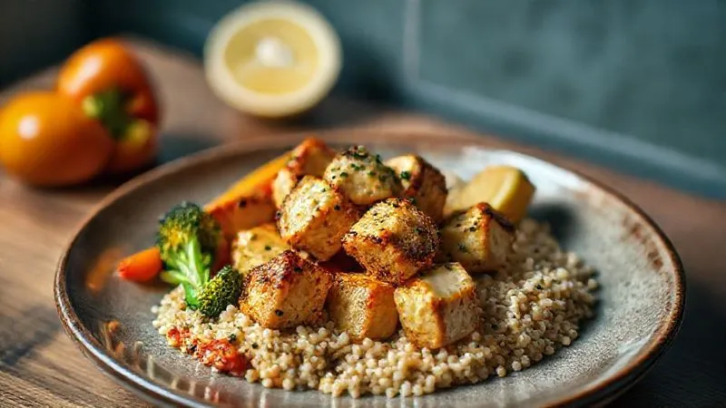 photorealistic, professional photography, 8K, cinematic lighting, sharp focus, depth of field, shot on a high-end DSLR, a vibrant and healthy vegan meal featuring crispy baked tofu cubes as the centerpiece, surrounded by colorful roasted vegetables (broccoli, bell peppers), a portion of quinoa, and a light lemon-tahini dressing, artfully arranged on a modern ceramic plate, bright and inviting atmosphere