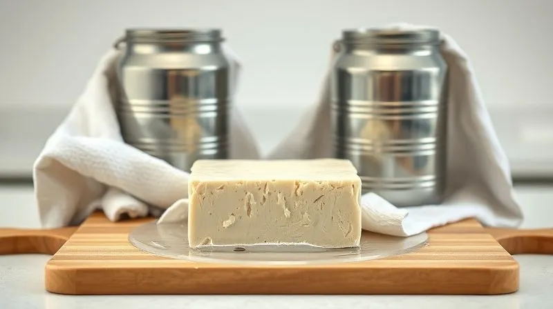 Photorealistic image of a block of extra-firm tofu being pressed between two cutting boards with heavy cans on top, wrapped in clean kitchen towels, with visible water being squeezed out, in a clean, minimalist kitchen setting. Cinematic lighting, sharp focus on the tofu, depth of field.