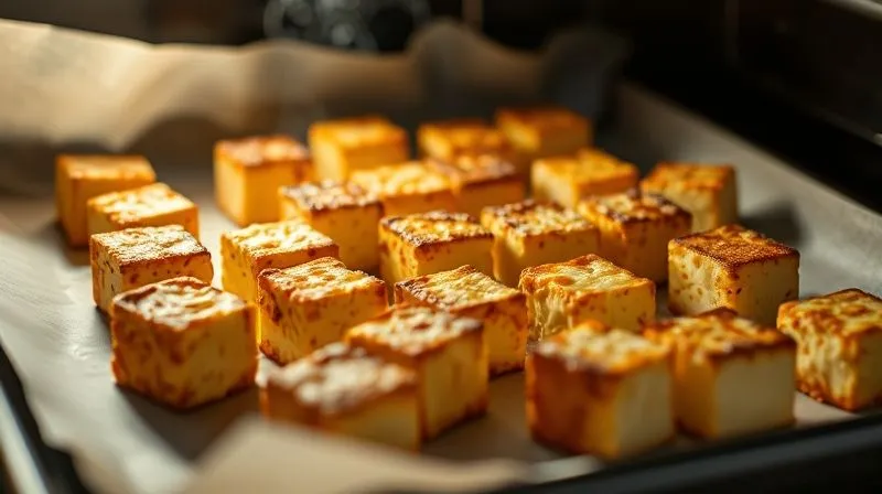 Photorealistic image of perfectly baked, golden-brown crispy tofu cubes, lightly dusted with cornstarch before baking, arranged on a baking sheet lined with parchment paper, fresh out of the oven. Cinematic lighting, steam gently rising, sharp focus on the texture of the tofu, depth of field.