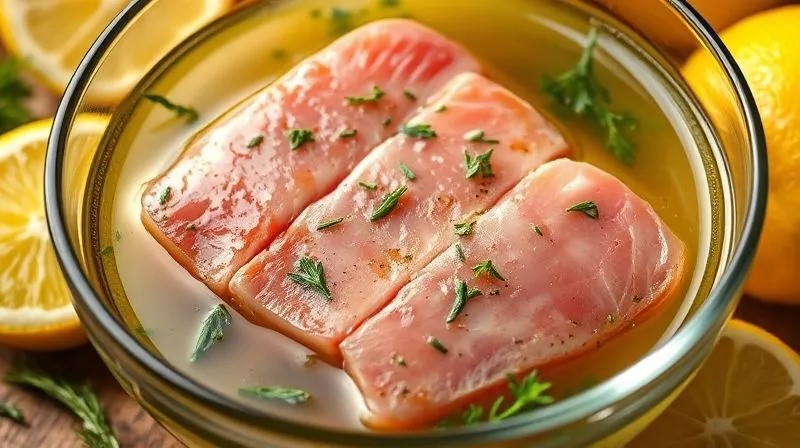 A close-up, photorealistic image of a fresh tuna steak marinating in a vibrant, herb-infused lemon marinade in a glass bowl, with fresh lemons and herbs scattered around. Cinematic lighting, sharp focus on the tuna, depth of field, 8K, professional photography, shot on a high-end DSLR.