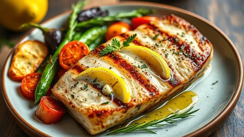 A vibrant, photorealistic image of a perfectly baked tuna steak served on a plate with colorful roasted Mediterranean vegetables and a drizzle of fresh lemon-herb sauce. The composition is artistic, highlighting healthy eating. Cinematic lighting, sharp focus, depth of field, 8K, professional photography, shot on a high-end DSLR.