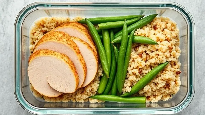 A top-down, photorealistic image of a healthy meal prep container filled with sliced baked tuna, quinoa, and steamed green beans. The presentation is neat and organized, emphasizing a balanced, diet-friendly meal. Cinematic lighting, sharp focus, depth of field, 8K, professional photography, shot on a high-end DSLR.
