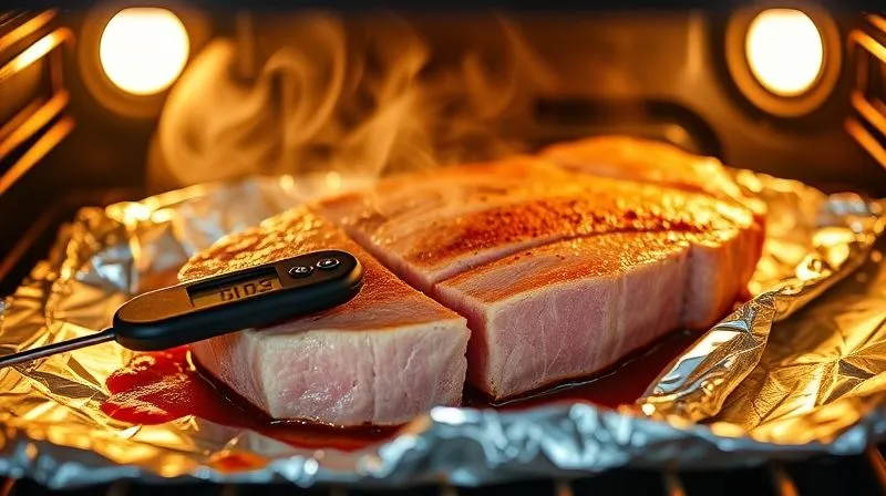 Photorealistic, professional photography, 8K, cinematic lighting, sharp focus, depth of field, shot on a high-end DSLR. A close-up of a thick tuna steak baking in an oven, covered loosely with aluminum foil, steam gently rising, golden-brown crust forming, with a digital meat thermometer probe visible. The oven light casts a warm glow on the scene.