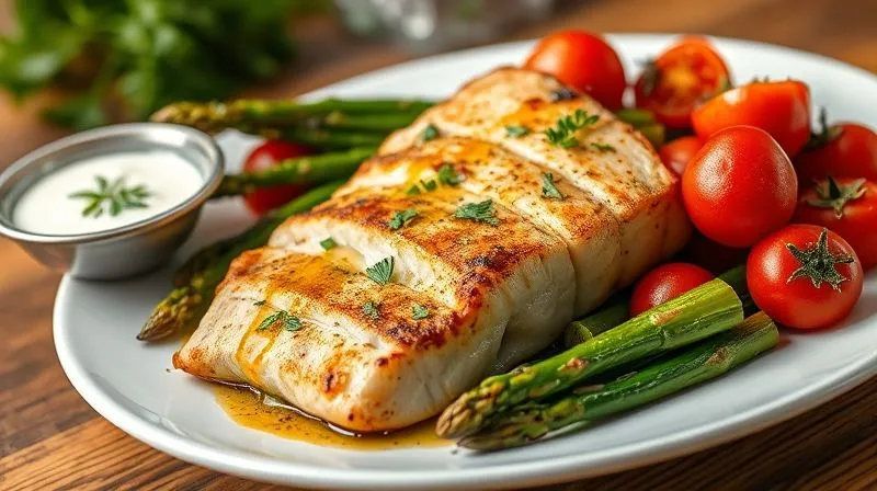 Photorealistic, professional photography, 8K, cinematic lighting, sharp focus, depth of field, shot on a high-end DSLR. A beautifully plated dish of a baked tuna steak, perfectly medium-rare, served with vibrant roasted asparagus and cherry tomatoes, drizzled with a light lemon-herb vinaigrette. A small bowl of fresh yogurt-dill sauce is on the side. The scene is bright and appetizing.