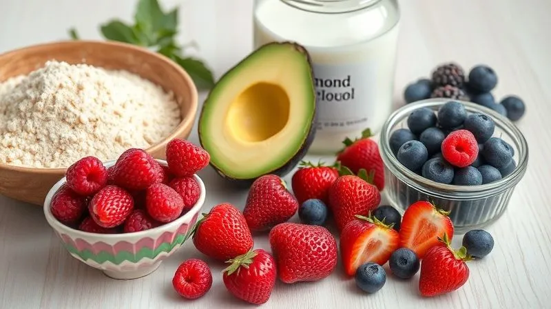 Photorealistic close-up of various healthy baking ingredients: a bowl of almond flour, a jar of erythritol, a ripe avocado, and a selection of berries, all arranged on a light wooden table with soft, natural lighting, sharp focus on the ingredients, depth of field, 8K, professional photography.