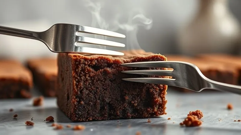 Photorealistic image of a freshly baked, perfectly cut vegan brownie square, steam gently rising, with a fork taking a bite, showing a rich, fudgy interior. The setting is a minimalist kitchen countertop, 8K, professional photography, cinematic lighting, sharp focus, depth of field.