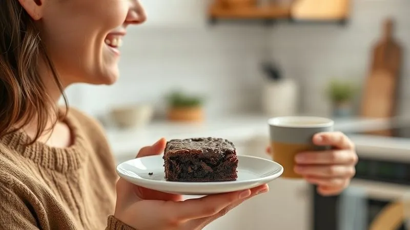 A photorealistic image of a person enjoying a small, perfectly portioned vegan brownie with a cup of herbal tea, smiling contentedly, in a brightly lit, modern kitchen. The focus is on mindful eating and healthy enjoyment, 8K, professional photography, cinematic lighting, sharp focus, depth of field.