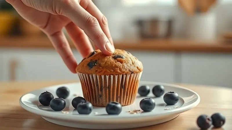 Photorealistic, professional photography, 8K, cinematic lighting, sharp focus, depth of field, shot on a high-end DSLR. A hand reaching for a single, perfectly baked vegan fitness muffin on a minimalistic white plate, surrounded by scattered fresh blueberries and a few oat flakes. The background is a soft, warm light of a kitchen, emphasizing health and simplicity. The focus is on the muffin, highlighting its texture and inviting appearance. The mood is one of healthy indulgence and satisfaction.