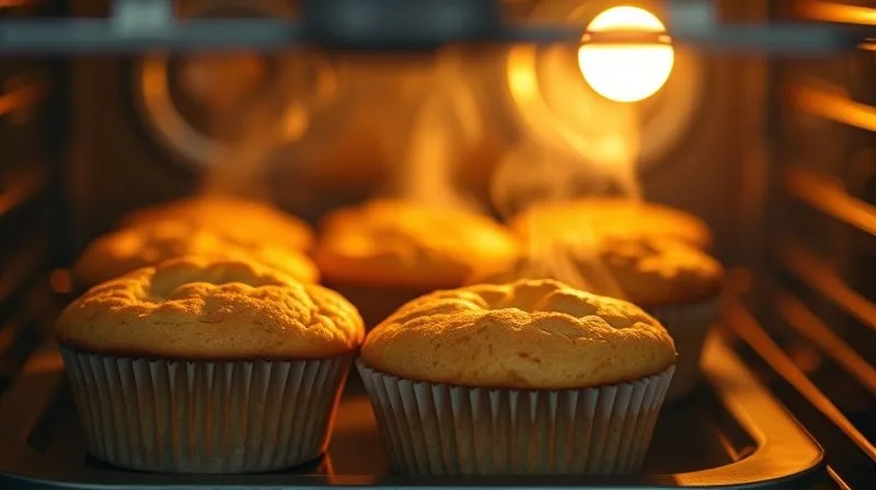 Photorealistic, professional photography, 8K, cinematic lighting, sharp focus, depth of field, shot on a high-end DSLR. A close-up shot of vegan fitness muffins baking in a hot oven, with a warm, golden glow. The muffins are perfectly rising, and the edges are starting to turn a beautiful golden brown. The focus is on the textures and the subtle steam, conveying warmth and freshness. The background of the oven interior is slightly blurred, emphasizing the baking process. The mood is one of anticipation and home comfort.