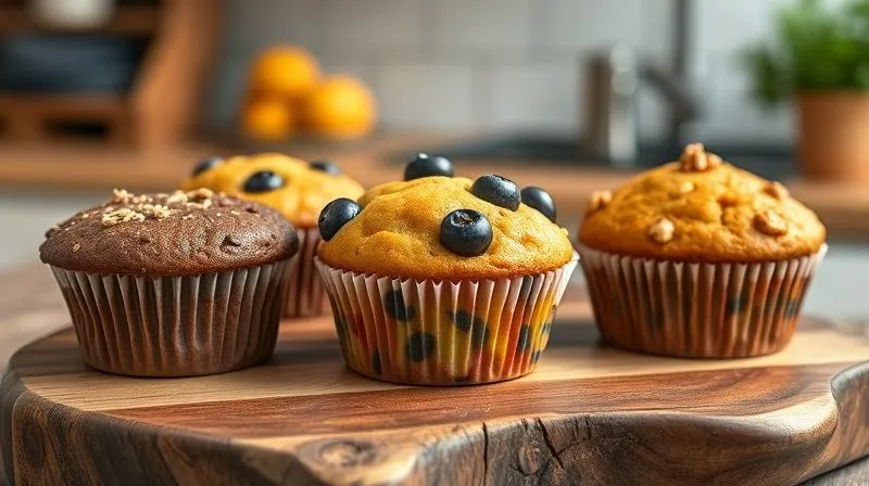 Photorealistic, professional photography, 8K, cinematic lighting, sharp focus, depth of field, shot on a high-end DSLR. A vibrant, colorful array of different vegan fitness muffins on a rustic wooden board. One muffin is chocolate avocado, another is blueberry lemon, and a third is carrot walnut. Each muffin is perfectly baked, with visible toppings and ingredients. The lighting is bright and natural, highlighting the textures and inviting colors. The background is a softly blurred, natural kitchen setting. The mood is creative, abundant, and healthy.