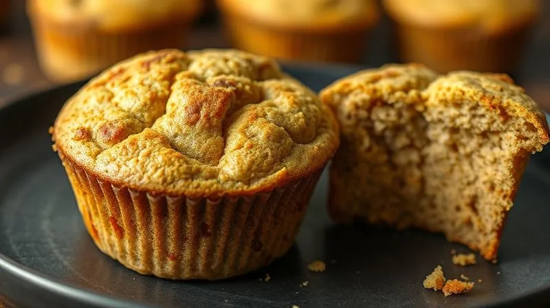 A close-up, photorealistic image of a perfectly baked, slightly cracked, dry and crumbly protein muffin on a dark plate, contrasting with a vibrant, moist, and fluffy muffin next to it, illustrating the difference between a failed and successful bake. Cinematic lighting, sharp focus on the texture, depth of field blurring the background, 8K hyper-detailed.