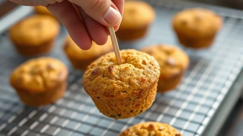 A photorealistic, professional photography shot of a hand gently inserting a wooden skewer into a golden-brown, freshly baked protein muffin to test its doneness, with a soft blur of other muffins on a cooling rack in the background. Cinematic lighting, sharp focus on the skewer and muffin, depth of field creating a warm, inviting atmosphere, 8K hyper-detailed.