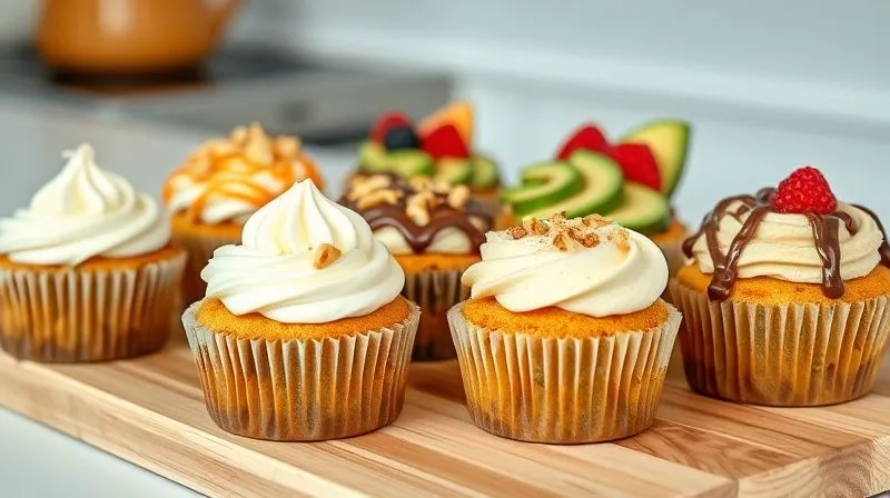 A vibrant, photorealistic image of a variety of moist protein muffins without sugar, each topped with a different healthy, sugar-free frosting (e.g., Greek yogurt cream, peanut butter drizzle, avocado chocolate cream) and garnished with fresh berries or nuts. Arranged artfully on a light wooden board, with soft, natural lighting, sharp focus on the toppings, depth of field blurring a clean kitchen background, 8K hyper-detailed, showcasing delicious and healthy options.