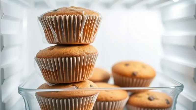 A photorealistic, professional photography shot of a stack of perfectly baked protein muffins, some individually wrapped in clear plastic wrap, placed inside an airtight glass container in a clean, modern refrigerator. Cinematic lighting, sharp focus on the muffins, depth of field blurring the refrigerator interior, 8K hyper-detailed, suggesting freshness and organization.