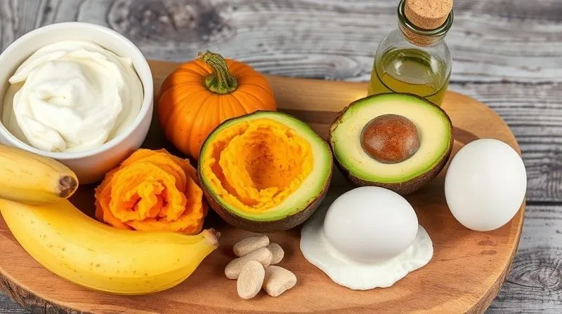 Photorealistic, professional photography of a vibrant, colorful collection of moistening baking ingredients arranged artistically on a rustic wooden board. Include a bowl of creamy Greek yogurt, mashed banana, pumpkin puree, a sliced avocado, a bottle of coconut oil, and an egg. Cinematic lighting, sharp focus on the ingredients, depth of field blurring the background, 8K hyper-detailed, shot on a high-end DSLR, evoking freshness and natural goodness.