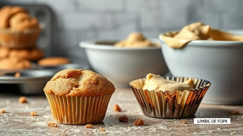 Photorealistic, professional photography of a baking scene with common mistakes highlighted: a cracked, dry protein muffin, an overflowing muffin tin, a raw, lumpy batter in a bowl, and a burnt muffin liner. The scene is slightly chaotic but clean, with good lighting. Cinematic lighting, sharp focus on the imperfections, depth of field blurring the background, 8K hyper-detailed, shot on a high-end DSLR, conveying the frustration of baking errors.