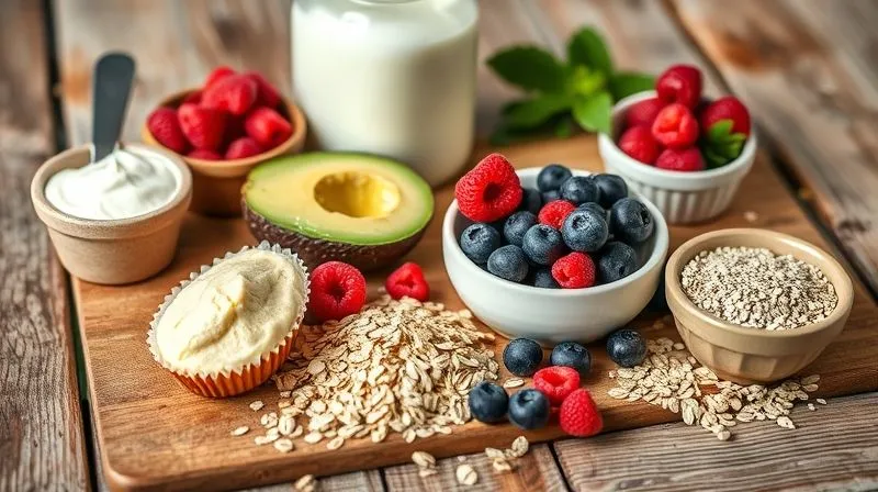 Photorealistic, professional photography, 8K, cinematic lighting, sharp focus on a collection of healthy baking ingredients for protein muffins: a scoop of protein powder, Greek yogurt, mashed avocado, unsweetened applesauce, fresh berries, oats, and a small bowl of chia seeds, arranged aesthetically on a rustic wooden table. Depth of field, shot on a high-end DSLR, bright natural light.