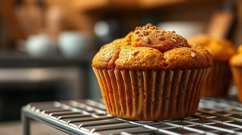 Photorealistic, professional photography, 8K, cinematic lighting, sharp focus on a freshly baked protein muffin, rich orange color from pumpkin, topped with a sprinkle of cinnamon, resting on a cooling rack. The background is softly blurred, showing a warm kitchen ambiance. Depth of field, shot on a high-end DSLR, evoking comfort and healthy indulgence.